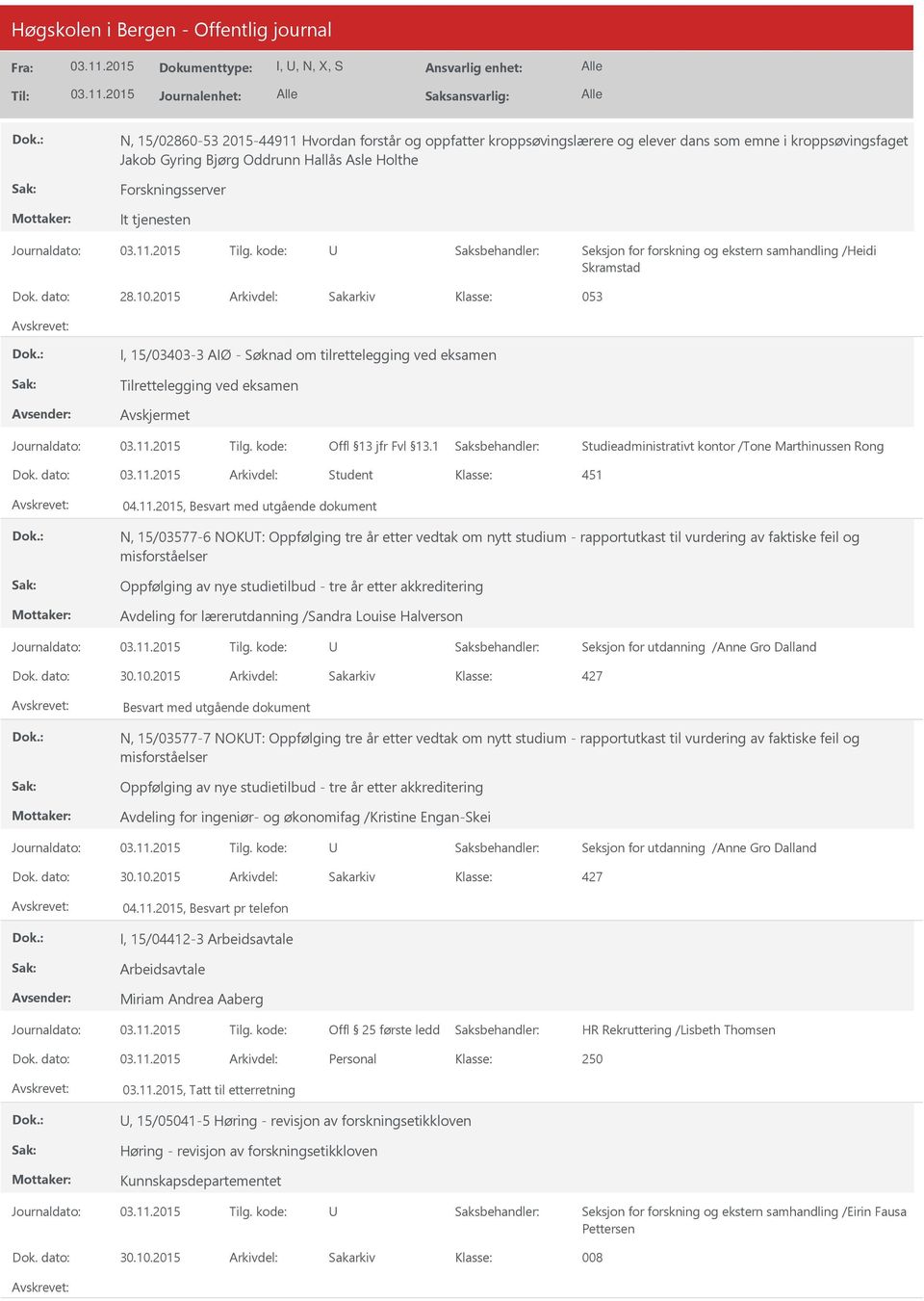 2015 Arkivdel: Sakarkiv 053 I, 15/03403-3 AIØ - Søknad om tilrettelegging ved eksamen Tilrettelegging ved eksamen Studieadministrativt kontor /Tone Marthinussen Rong Dok.