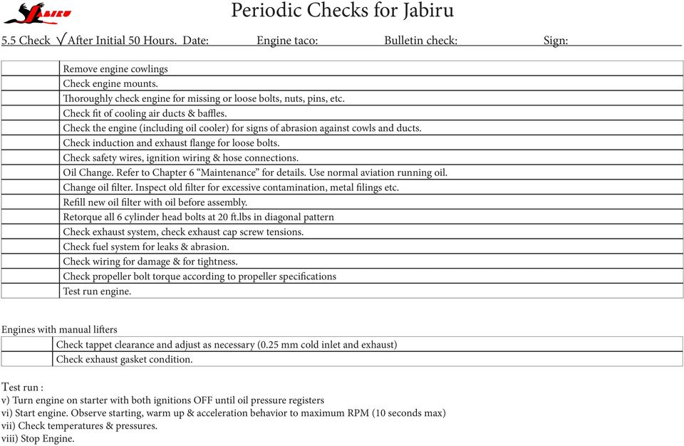 Check induction and exhaust flange for loose bolts. Check safety wires, ignition wiring & hose connections. Oil Change. Refer to Chapter 6 Maintenance for details. Use normal aviation running oil.