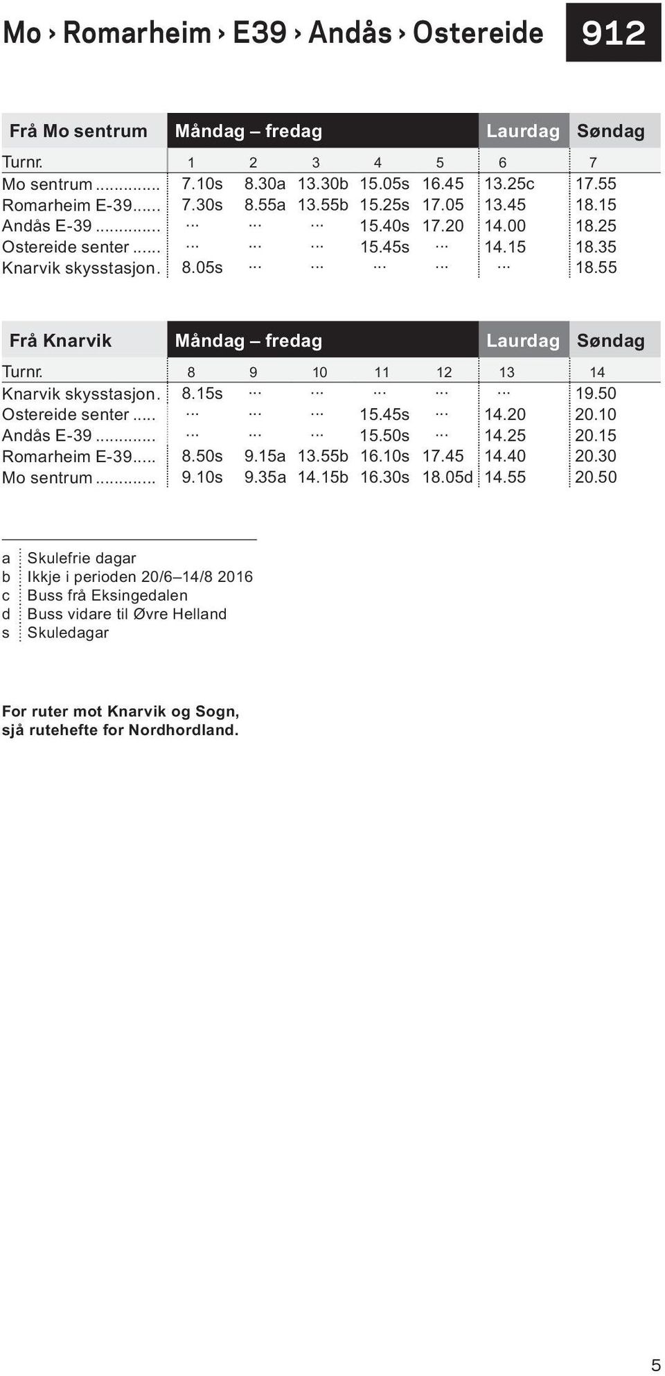 8 9 10 11 12 13 14 Knarvik skysstasjon.. 8.15s 19.50 Ostereide senter... 15.45s 14.20 20.10 Andås E-39... 15.50s 14.25 20.15 Romarheim E-39... 8.50s 9.15a 13.55b 16.10s 17.45 14.40 20.30 Mo sentrum.