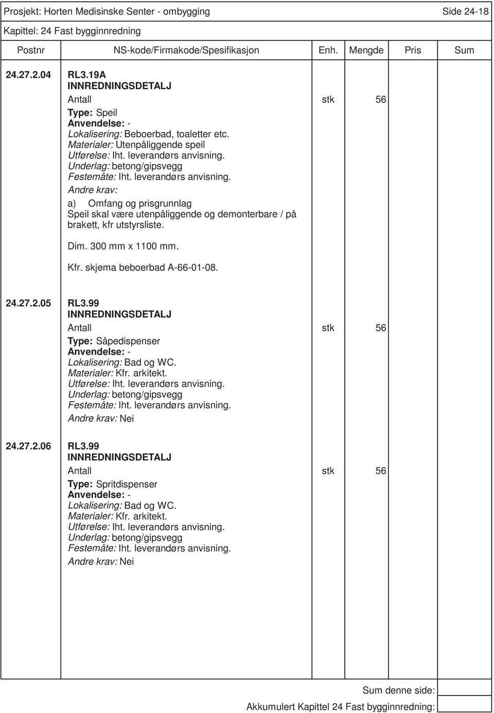 300 mm x 1100 mm. Kfr. skjema beboerbad A-66-01-08. 24.27.2.05 RL3.99 SDETALJ Antall stk 56 Type: Såpedispenser Lokalisering: Bad og WC. Materialer: Kfr. arkitekt. Utførelse: Iht.