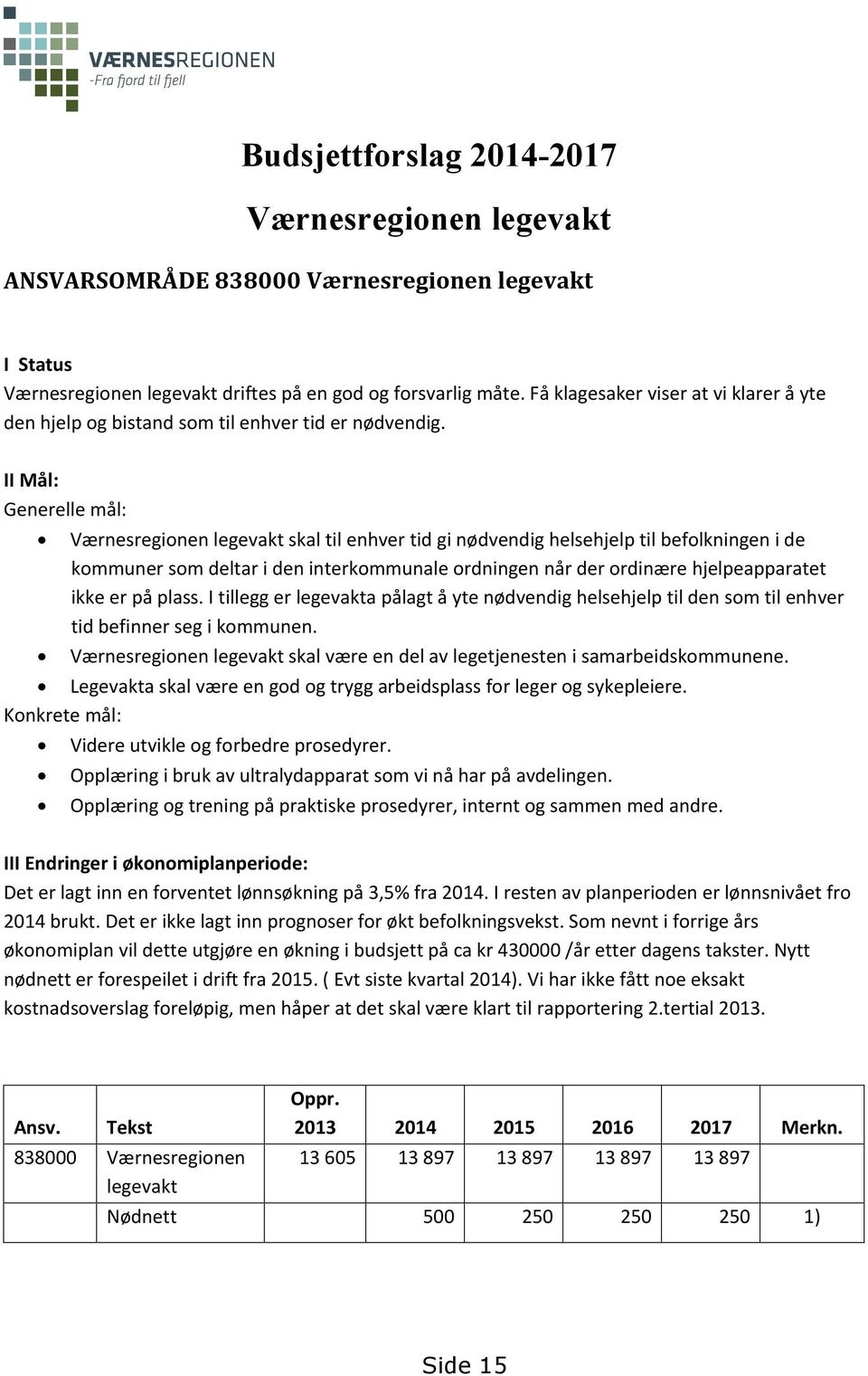 II Mål: Generelle mål: Værnesregionen legevakt skal til enhver tid gi nødvendig helsehjelp til befolkningen i de kommuner som deltar i den interkommunale ordningen når der ordinære hjelpeapparatet