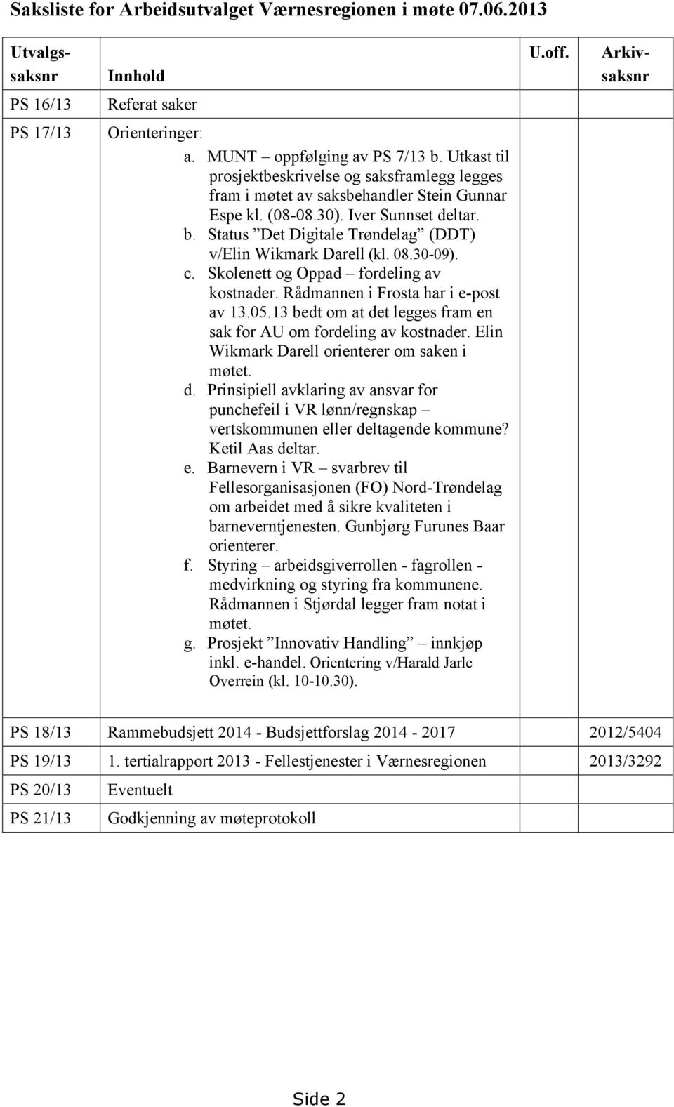 Status Det Digitale Trøndelag (DDT) v/elin Wikmark Darell (kl. 08.30-09). c. Skolenett og Oppad fordeling av kostnader. Rådmannen i Frosta har i e-post av 13.05.