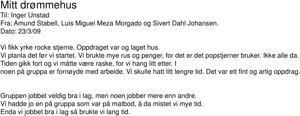 Tiden gikk fort og vi måtte være raske, for vi hang litt etter. I noen på gruppa er fornøyde med arbeide. Vi skulle hatt litt lengre tid.