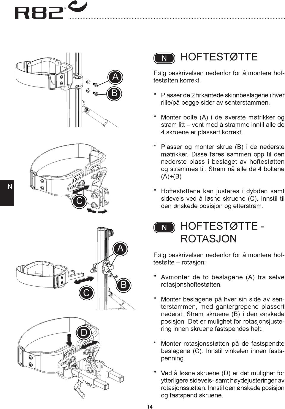 Disse føres sammen opp til den nederste plass i beslaget av hoftestøtten og strammes til. Stram nå alle de 4 boltene ()+() * Hoftestøttene kan justeres i dybden samt sideveis ved å løsne skruene ().