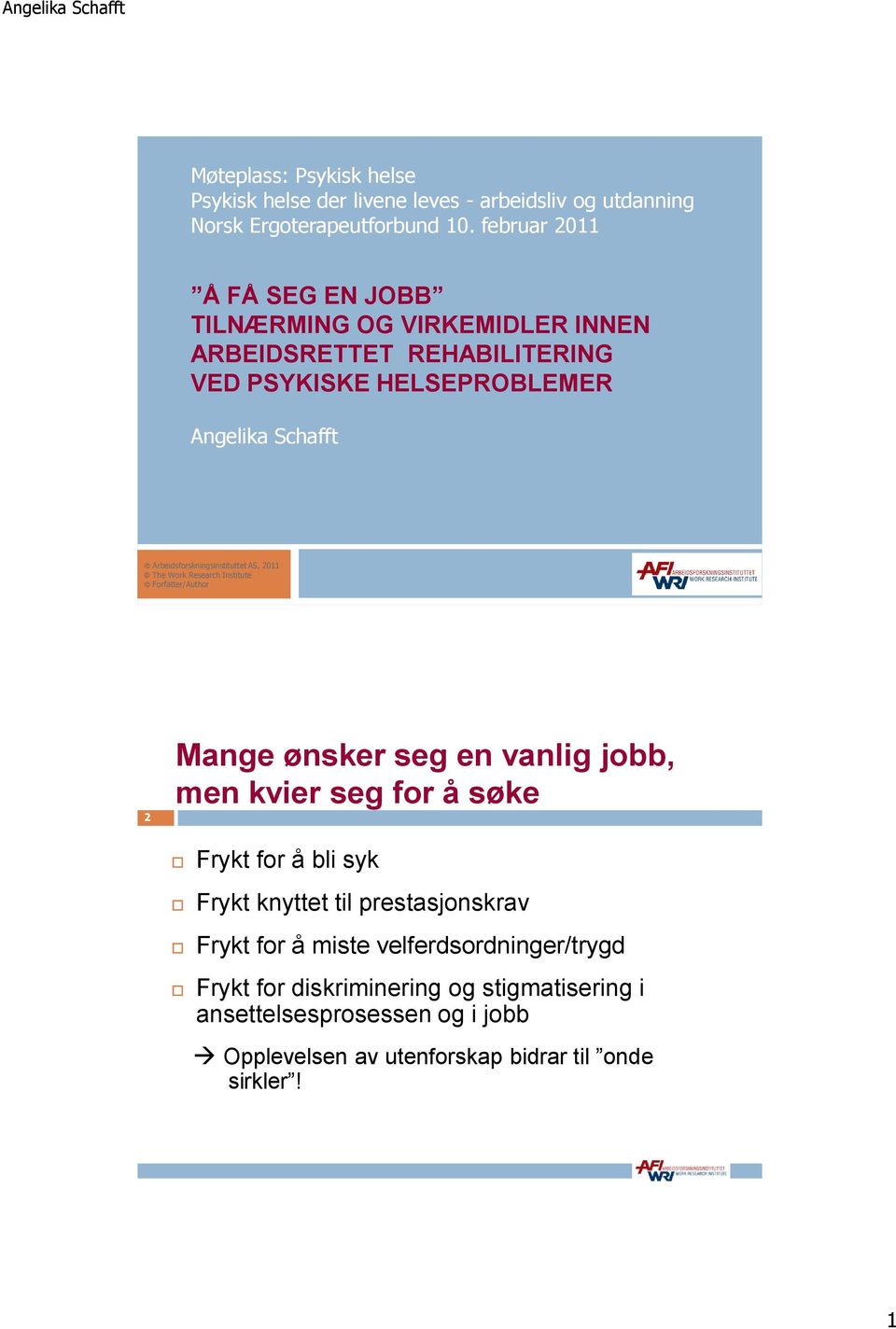 Arbeidsforskningsinstituttet AS, 2011 The Work Research Institute Forfatter/Author 2 Mange ønsker seg en vanlig jobb, men kvier seg for å søke Frykt for