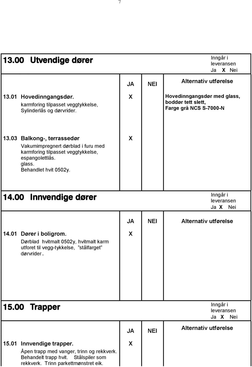 03 Balkong-, terrassedør Vakumimpregnert dørblad i furu med karmforing tilpasset veggtykkelse, espangolettlås. glass. Behandlet hvit 0502y. 14.