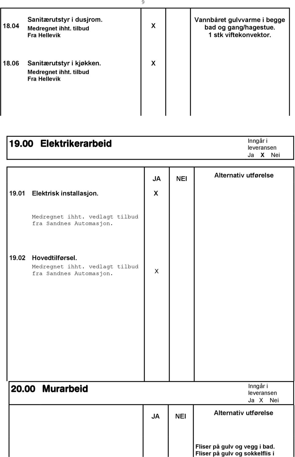 00 Elektrikerarbeid Ja Nei 19.01 Elektrisk installasjon. Medregnet ihht. vedlagt tilbud fra Sandnes Automasjon. 19.02 Hovedtilførsel.