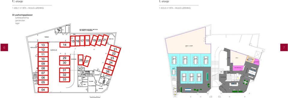 33 parkeringsplasser sykkleparkering garderober lager 197,4 m 6 7