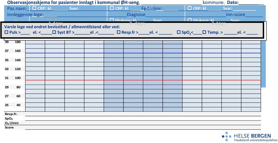 / allmenntilstand Svar: eller ved: 41 Puls Vitale 200 > parametere el. < ved hvert Syst BT vaktskifte > el Vitale.< parametere Hb: Resp.fr kl. kl. > el., Svar: kl. <, kl. og SpO kl 2 < Hb: kl.