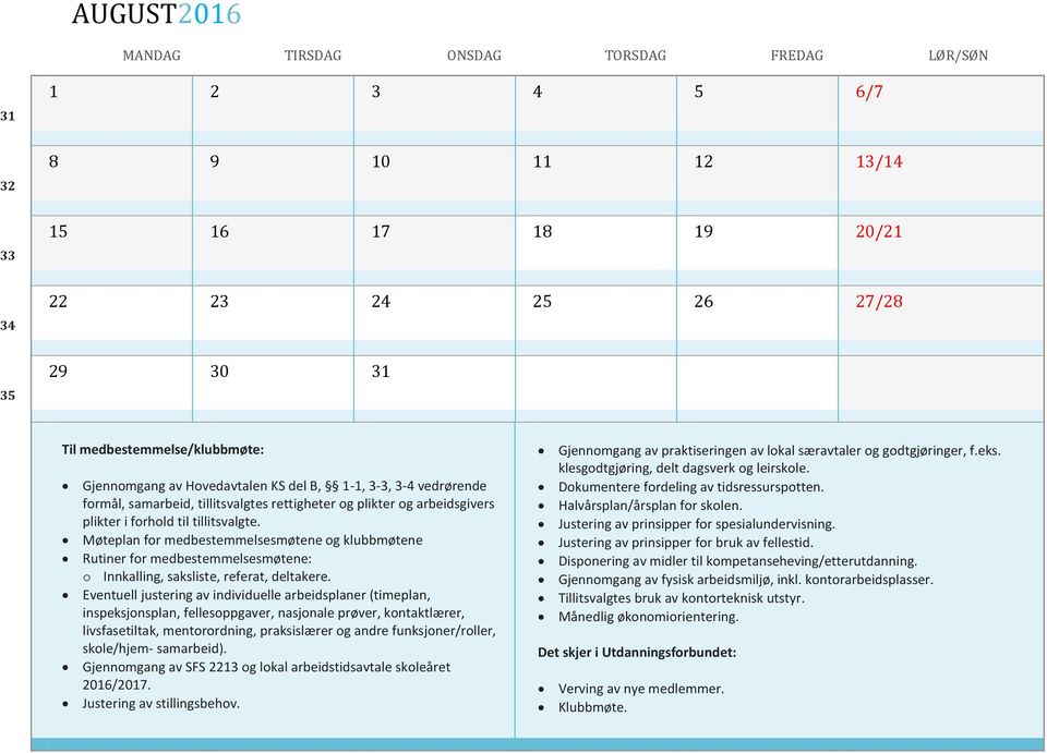 Møteplan for medbestemmelsesmøtene og klubbmøtene Rutiner for medbestemmelsesmøtene: o Innkalling, saksliste, referat, deltakere.