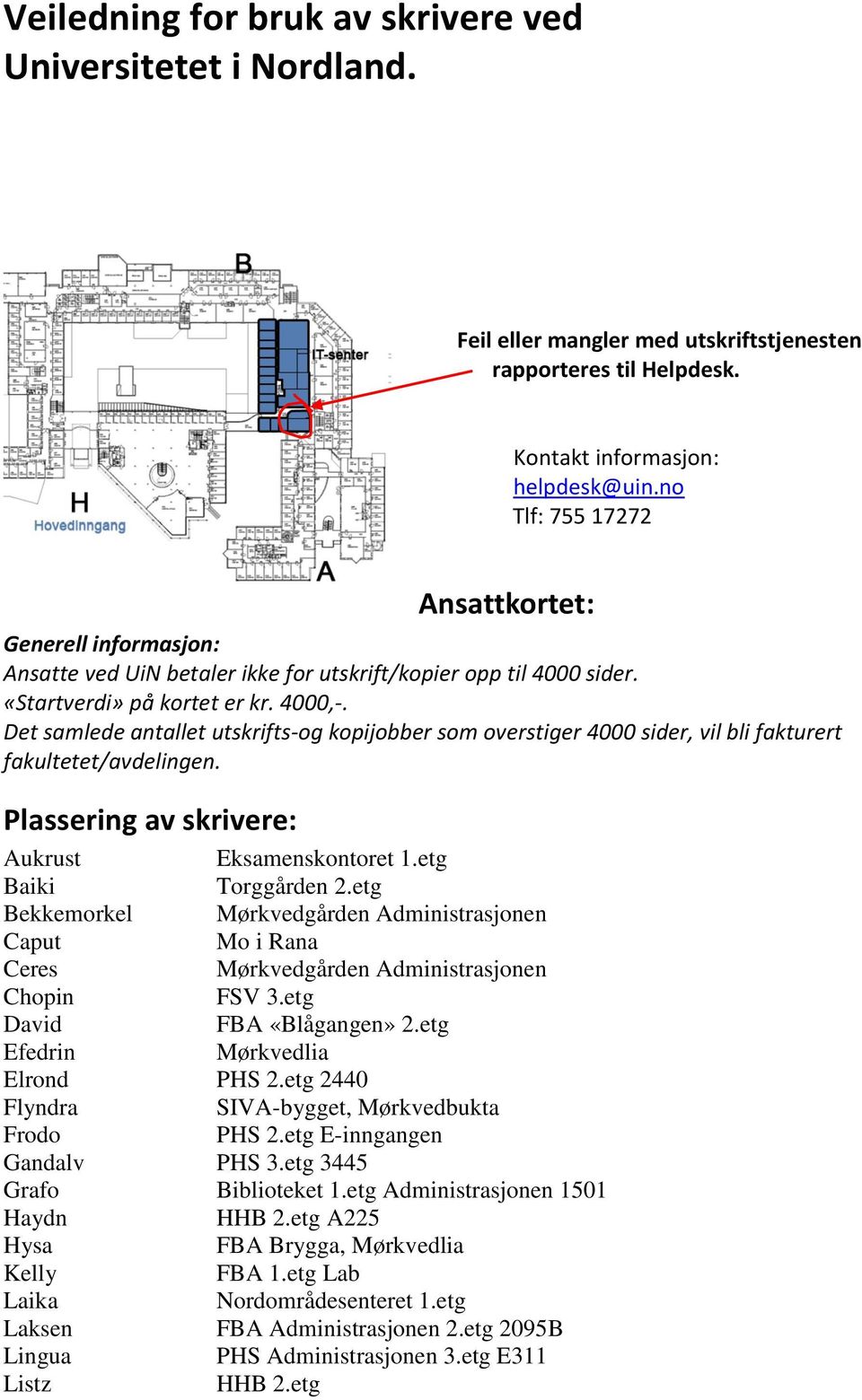 Det samlede antallet utskrifts-og kopijobber som overstiger 4000 sider, vil bli fakturert fakultetet/avdelingen. Plassering av skrivere: Aukrust Eksamenskontoret 1.etg Baiki Torggården 2.