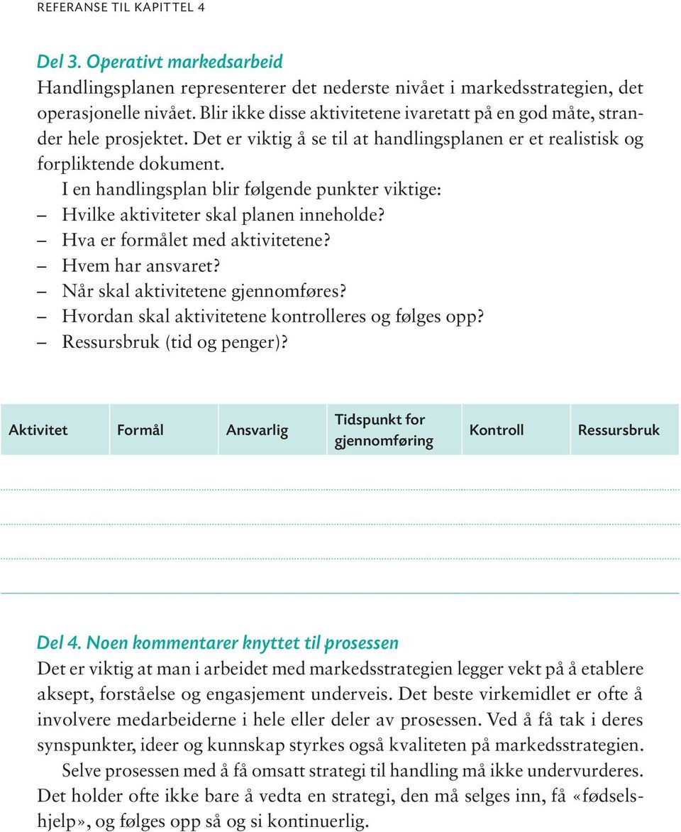 I en handlingsplan blir følgende punkter viktige: Hvilke aktiviteter skal planen inneholde? Hva er formålet med aktivitetene? Hvem har ansvaret? Når skal aktivitetene gjennomføres?