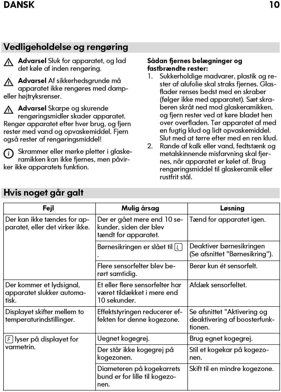 Skrammer eller mørke pletter i glaskeramikken kan ikke fjernes, men påvirker ikke apparatets funktion. Hvis noget går galt Sådan fjernes belægninger og fastbrændte rester: 1.