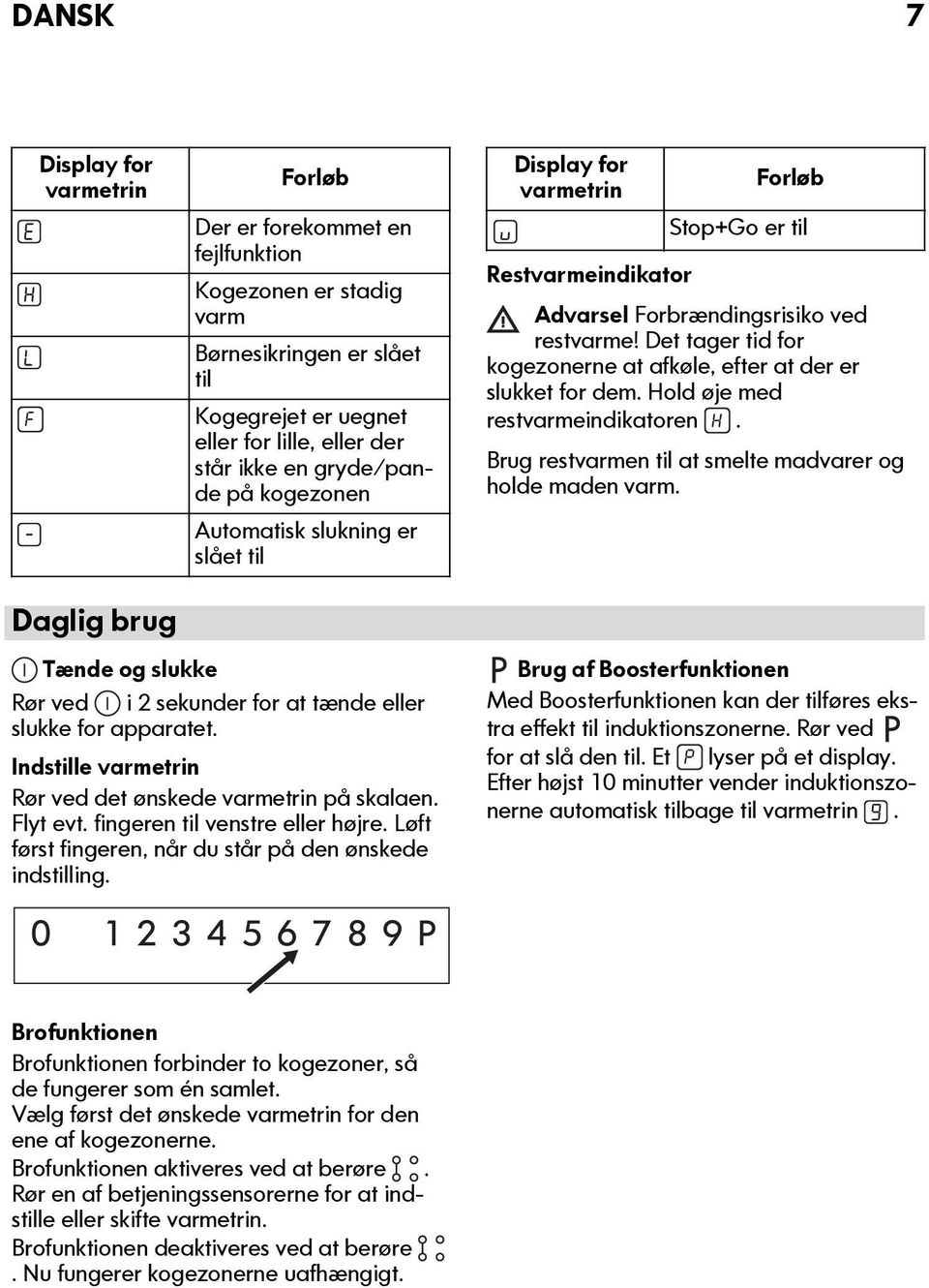 Det tager tid for kogezonerne at afkøle, efter at der er slukket for dem. Hold øje med restvarmeindikatoren. Brug restvarmen til at smelte madvarer og holde maden varm.