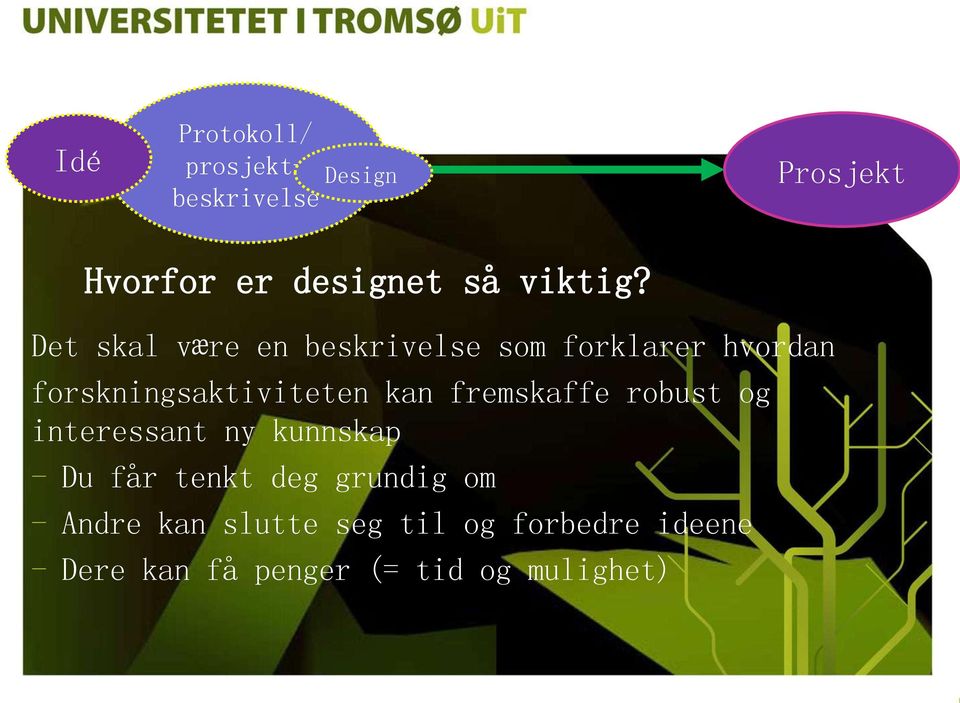 Det skal være en beskrivelse som forklarer hvordan forskningsaktiviteten kan