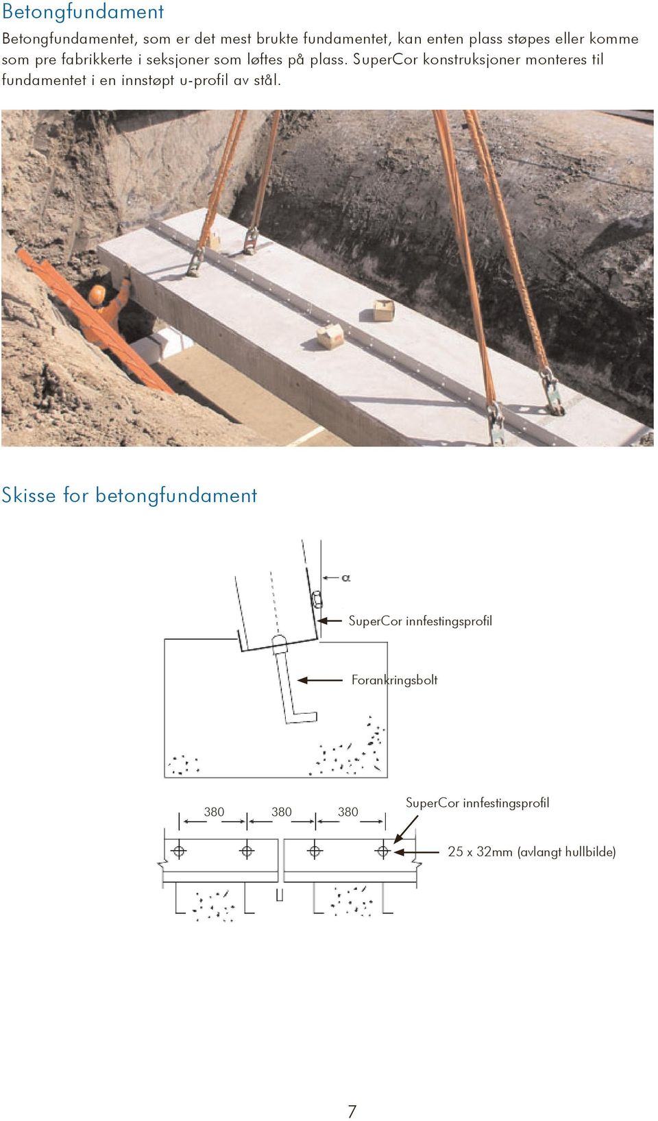 SuperCor konstruksjoner monteres til fundamentet i en innstøpt u-profil av stål.