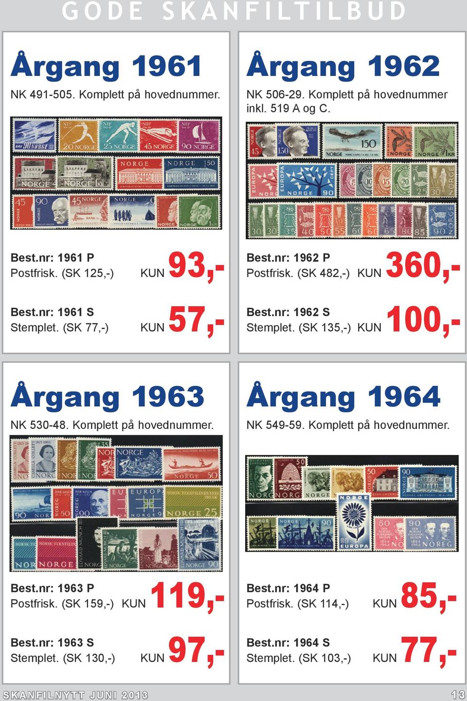 (SK 135,-) KUN 100,- Årgang 1963 NK 530-48. Komplett på hovednummer. Årgang 1964 NK 549-59. Komplett på hovednummer. Best.nr: 1963 P Postfrisk.