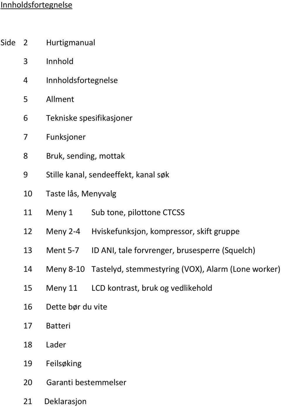 kompressor, skift gruppe 13 Ment 5 7 ID ANI, tale forvrenger, brusesperre (Squelch) 14 Meny 8 10 Tastelyd, stemmestyring (VOX), Alarm (Lone