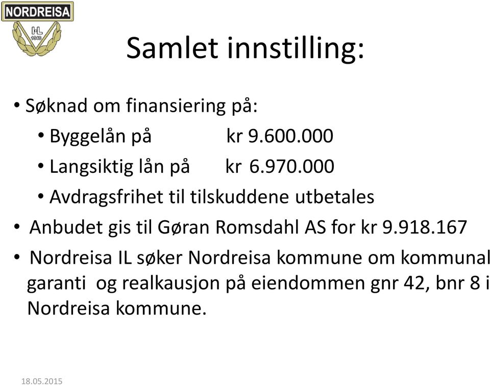 000 Avdragsfrihet til tilskuddene utbetales Anbudet gis til Gøran Romsdahl AS for