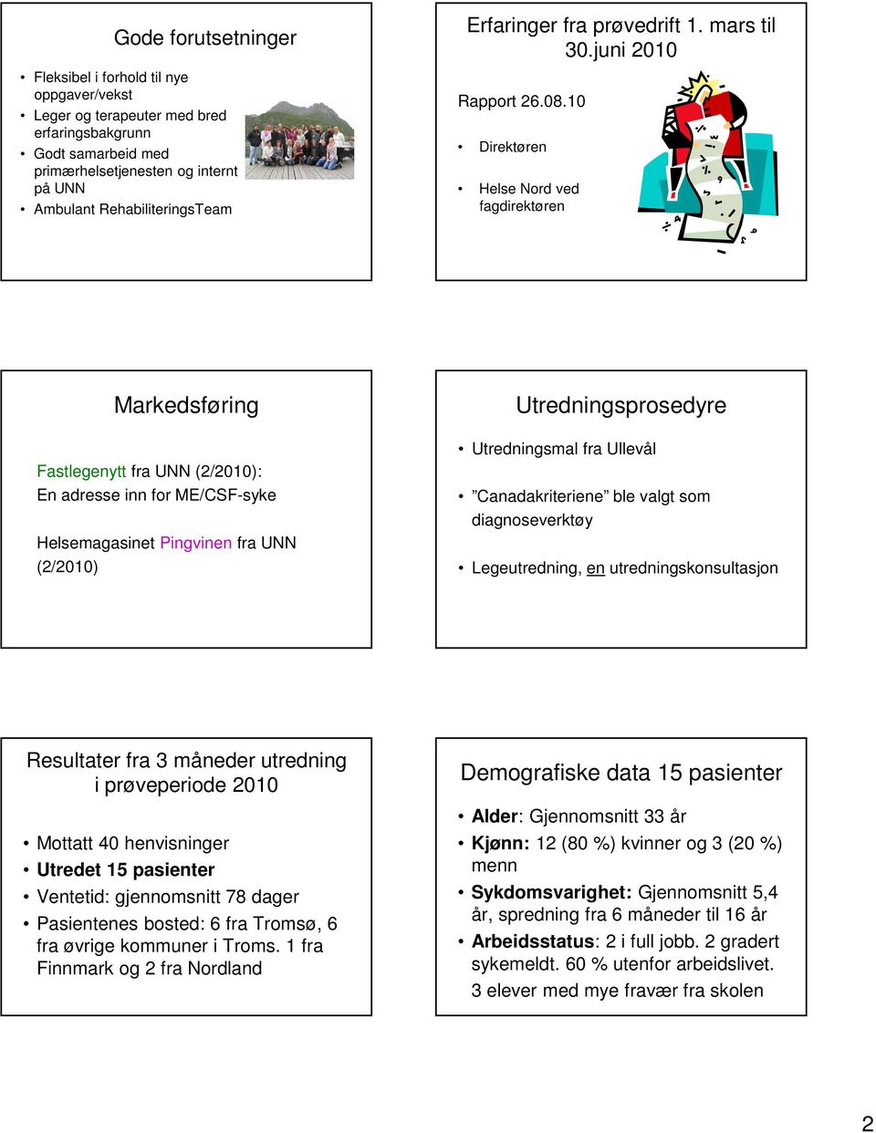 10 Direktøren Helse Nord ved fagdirektøren Markedsføring Fastlegenytt fra UNN (2/2010): En adresse inn for ME/CSF-syke Helsemagasinet Pingvinen fra UNN (2/2010) Utredningsprosedyre Utredningsmal fra