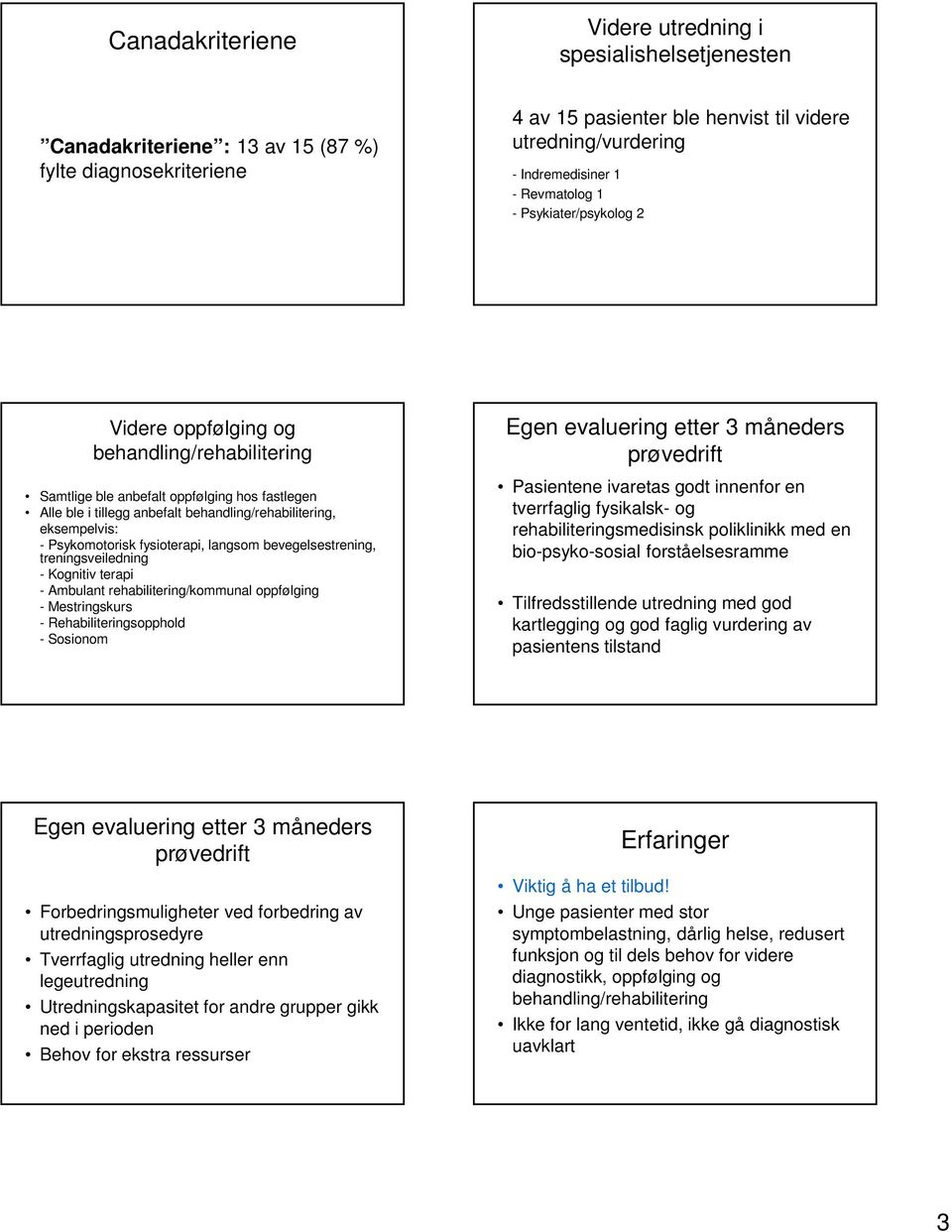 - Psykomotorisk fysioterapi, langsom bevegelsestrening, treningsveiledning - Kognitiv terapi - Ambulant rehabilitering/kommunal oppfølging - Mestringskurs - Rehabiliteringsopphold - Sosionom Egen