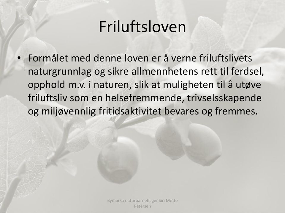 i naturen, slik at muligheten til å utøve friluftsliv som en helsefremmende,