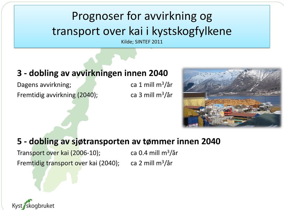 avvirkning (2040); ca 3 mill m 3 /år 5 - dobling av sjøtransporten av tømmer innen 2040