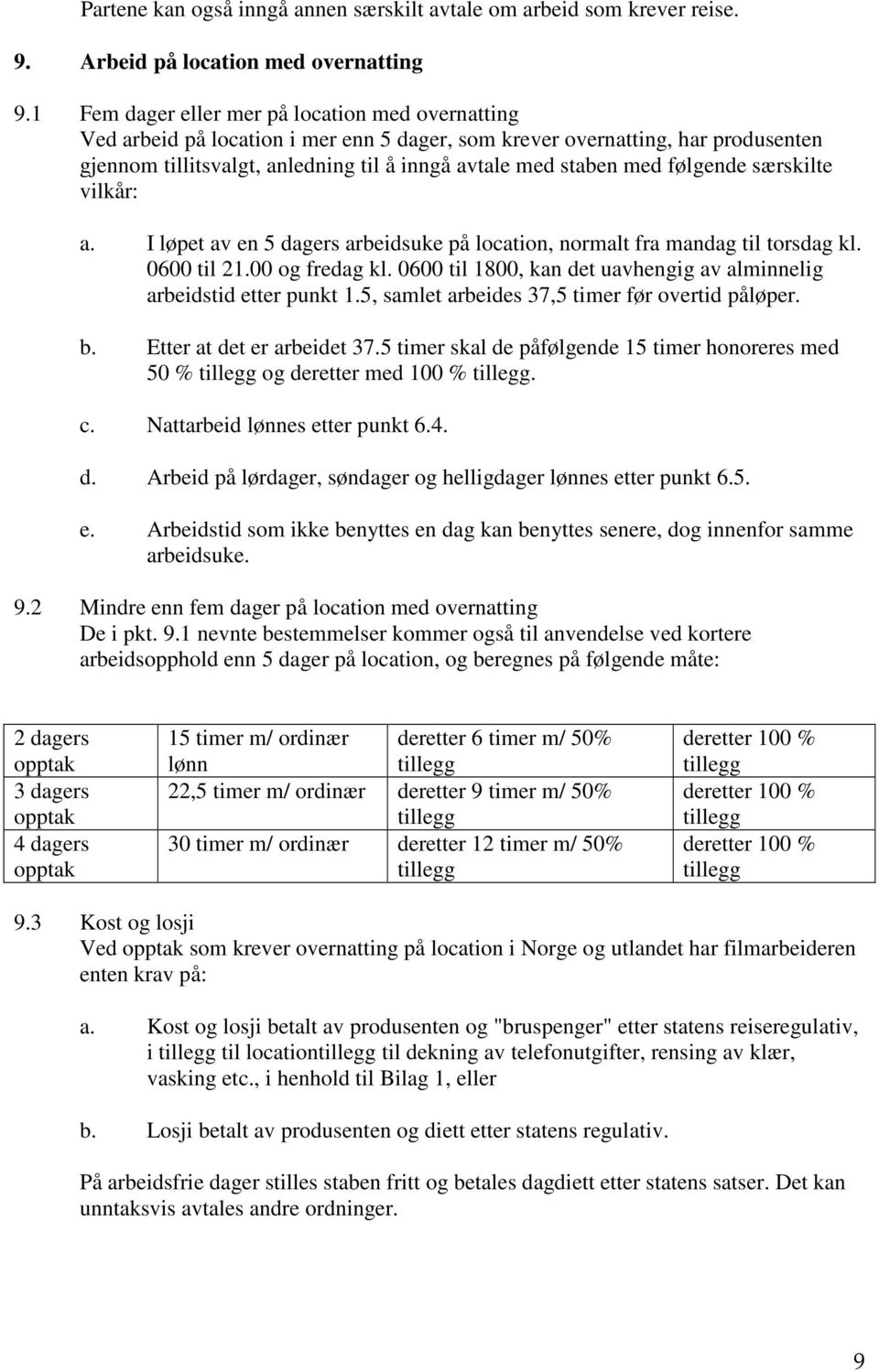 følgende særskilte vilkår: a. I løpet av en 5 dagers arbeidsuke på location, normalt fra mandag til torsdag kl. 0600 til 21.00 og fredag kl.