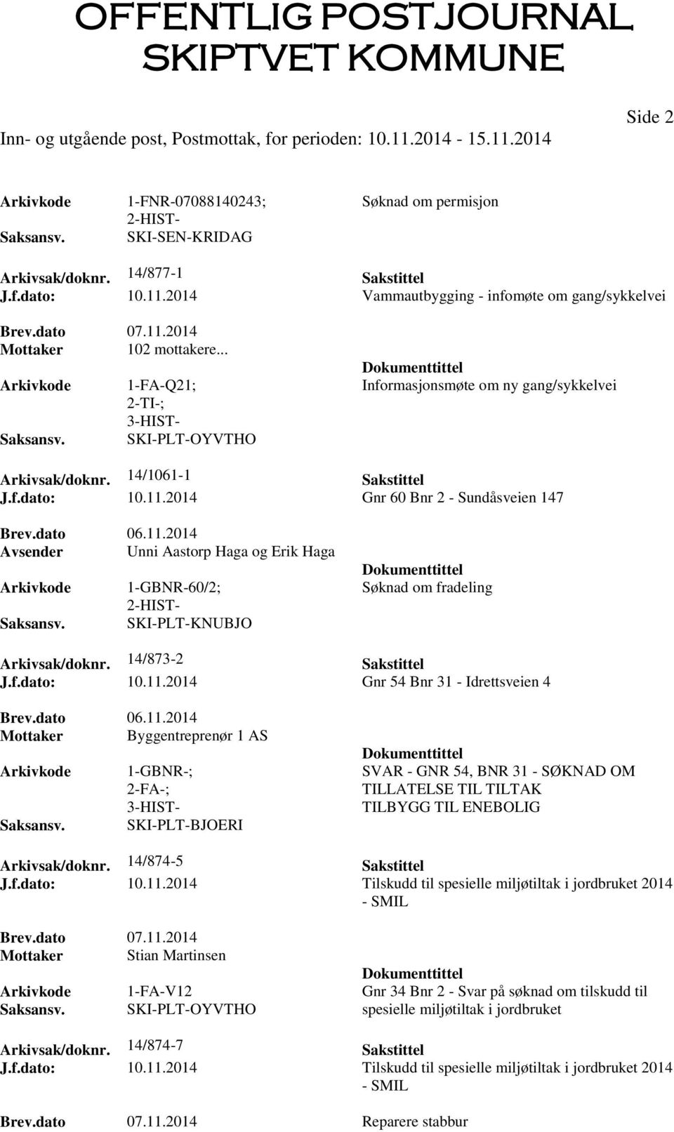 2014 Gnr 60 Bnr 2 - Sundåsveien 147 Brev.dato 06.11.2014 Avsender Unni Aastorp Haga og Erik Haga 1-GBNR-60/2; SKI-PLT-KNUBJO Søknad om fradeling Arkivsak/doknr. 14/873-2 Sakstittel J.f.dato: 10.11.2014 Gnr 54 Bnr 31 - Idrettsveien 4 Brev.