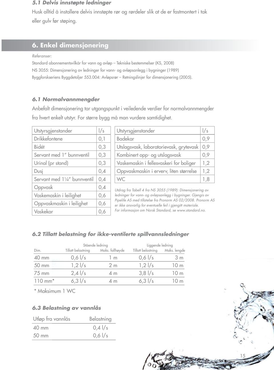 Byggforskseriens Byggdetaljer 553.004: Avløpsrør Retningslinjer for dimensjonering (2005). 6.