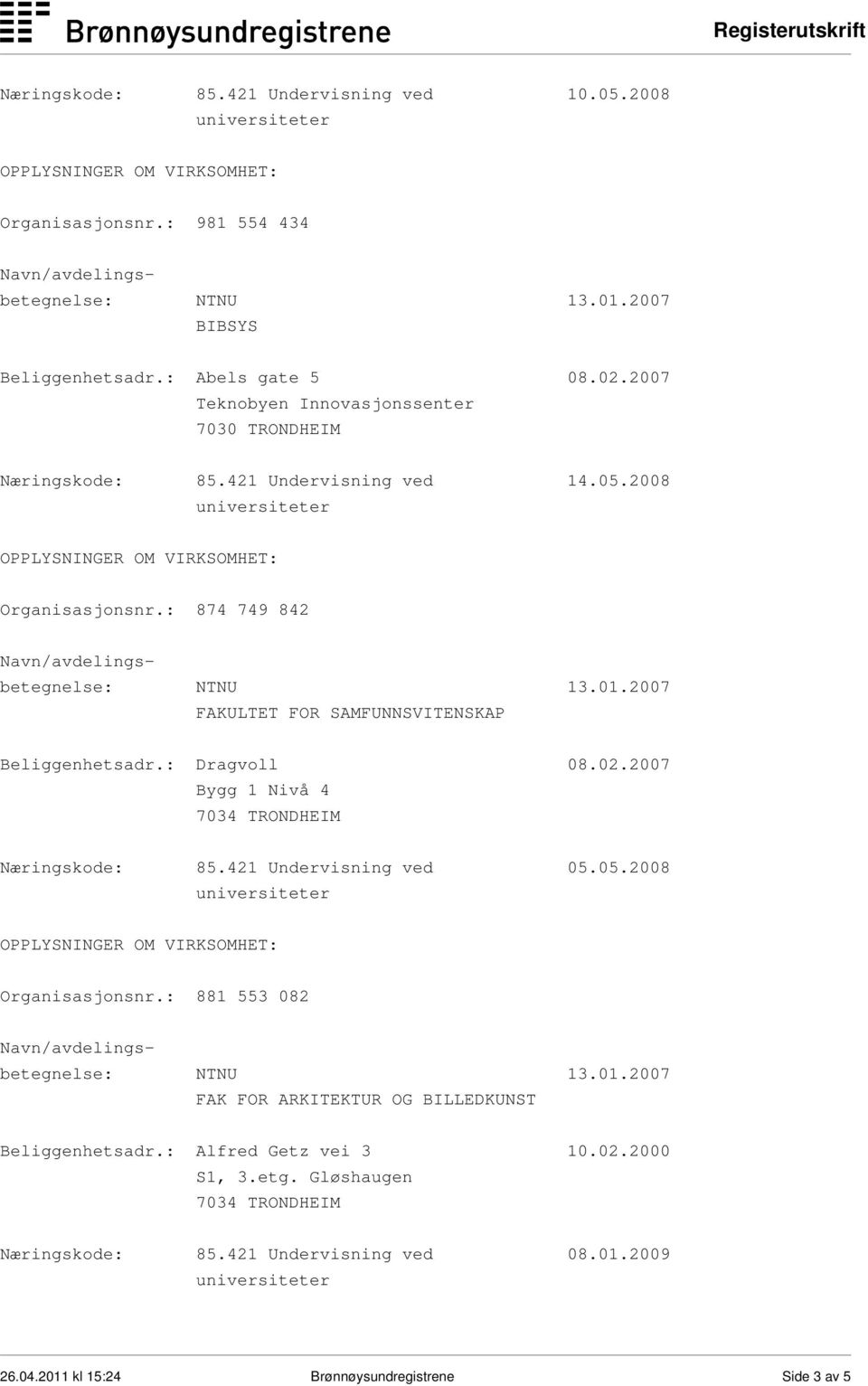 : 874 749 842 FAKULTET FOR SAMFUNNSVITENSKAP Beliggenhetsadr.: Dragvoll 08.02.2007 Bygg 1 Nivå 4 Næringskode: 85.421 Undervisning ved 05.