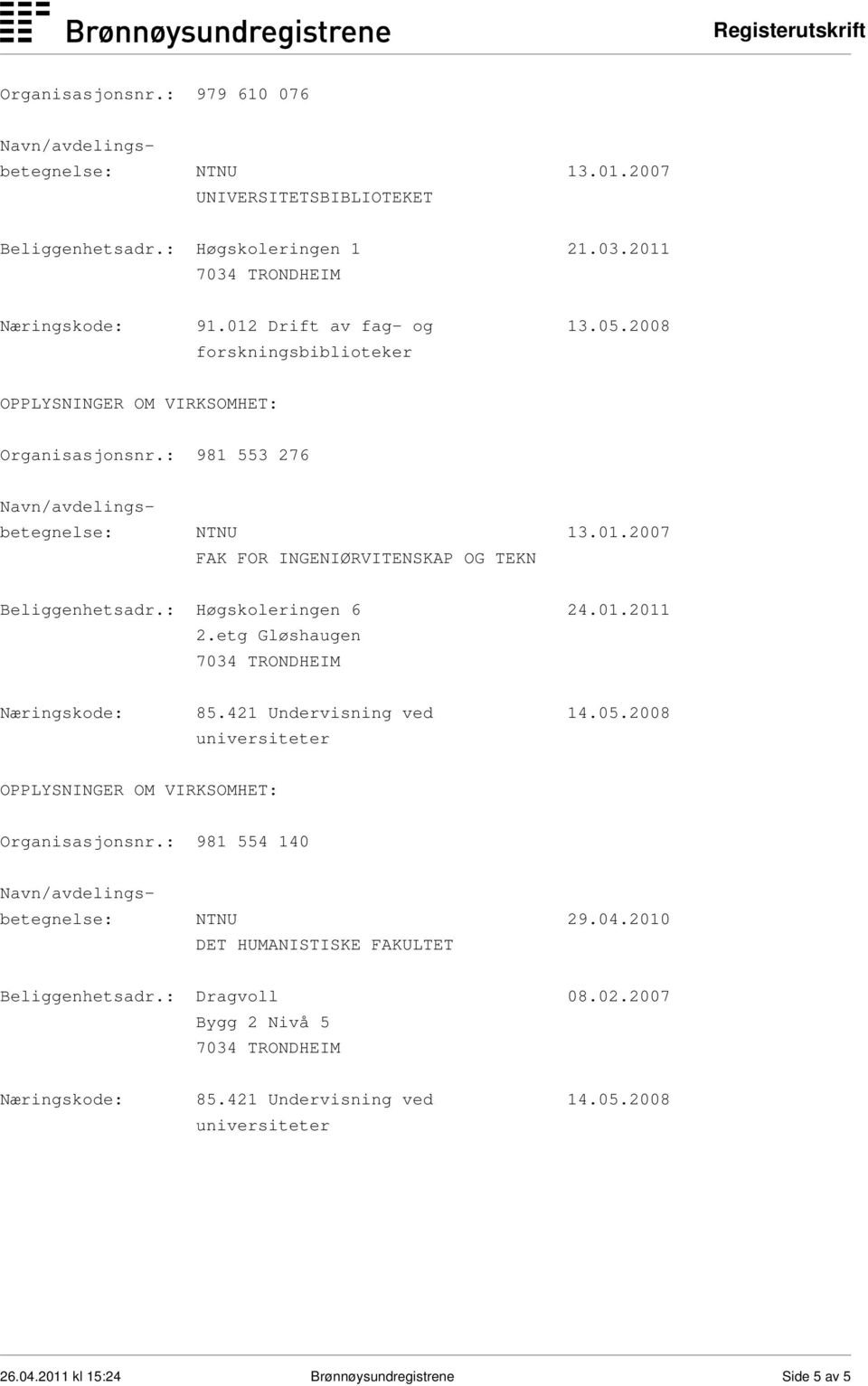 etg Gløshaugen Næringskode: 85.421 Undervisning ved 14.05.2008 Organisasjonsnr.: 981 554 140 betegnelse: NTNU 29.04.