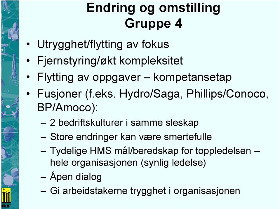 Hydro/Saga, Phillips/Conoco, BP/Amoco): 2 bedriftskulturer i samme sleskap Store endringer kan