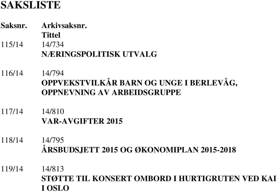 OG UNGE I BERLEVÅG, OPPNEVNING AV ARBEIDSGRUPPE 117/14 14/810 VAR-AVGIFTER