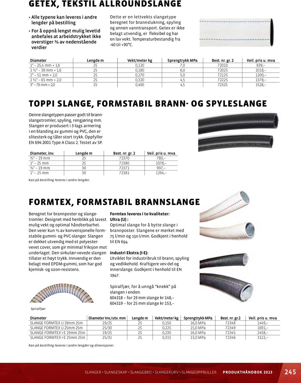 Diameter Lengde m Vekt/meter kg Sprengtrykk MPa Best. nr. gr. 2 Veil. pris u.