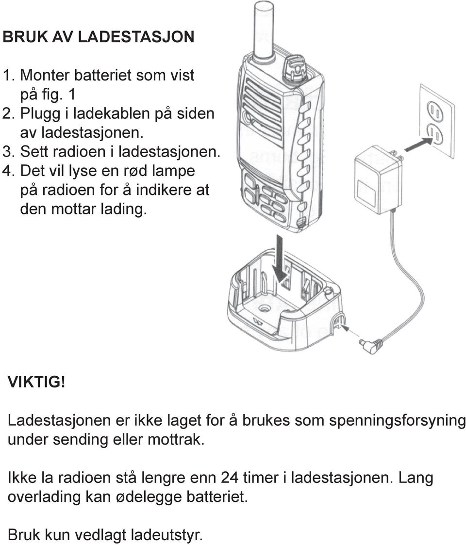 VIKTIG! Ladestasjonen er ikke laget for å brukes som spenningsforsyning under sending eller mottrak.