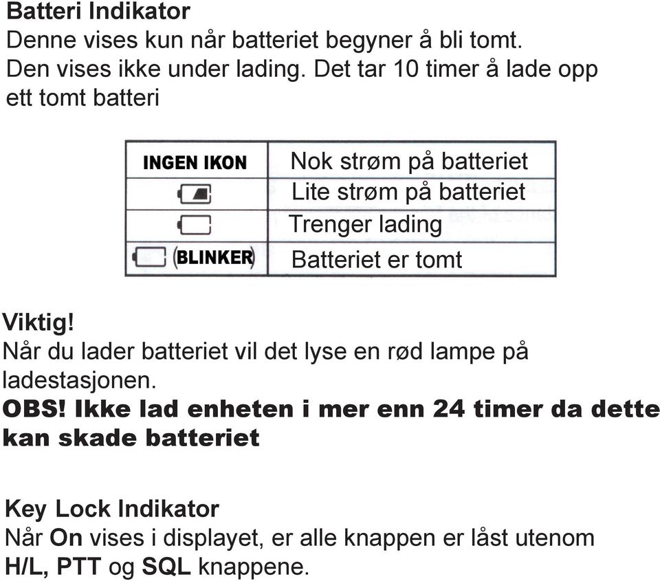 er tomt Viktig! Når du lader batteriet vil det lyse en rød lampe på ladestasjonen. OBS!