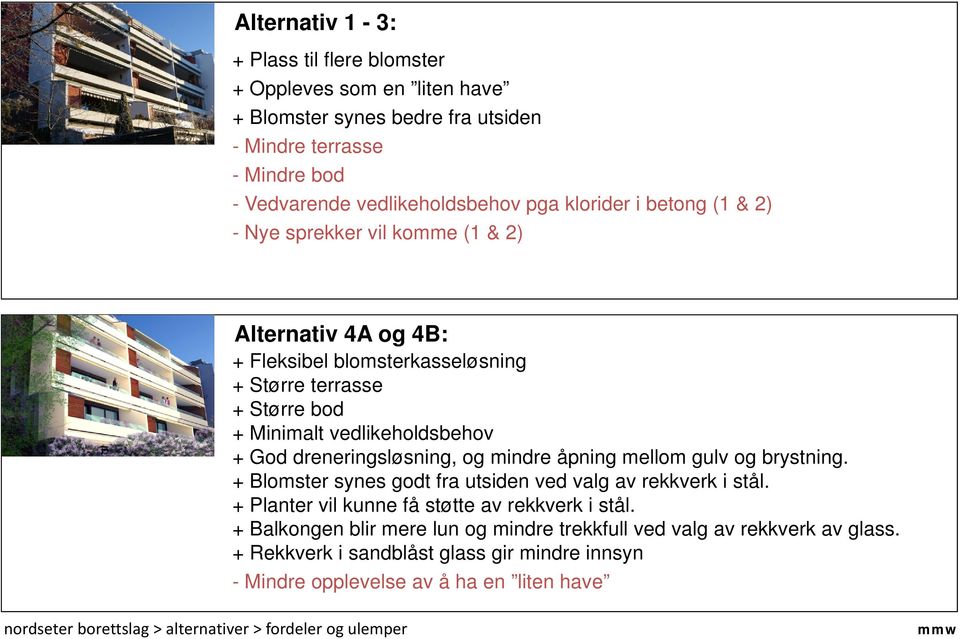 og mindre åpning mellom gulv og brystning. + Blomster synes godt fra utsiden ved valg av rekkverk i stål. + Planter vil kunne få støtte av rekkverk i stål.