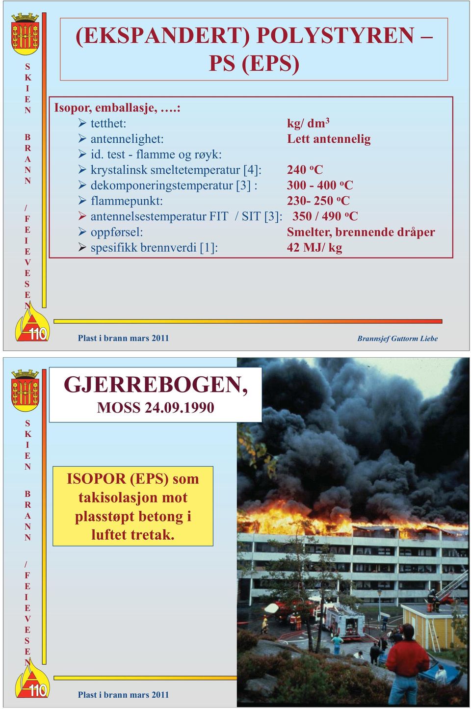 C flammepunkt: 230-250 o C antennelsestemperatur T T [3]: 350 490 o C oppførsel: melter, brennende dråper