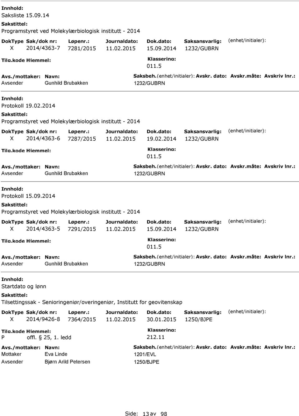 2014 rogramstyret ved Molekylærbiologisk institutt - 2014 X 2014/4363-5 7291/2015 15.09.2014 1232/GBR 011.