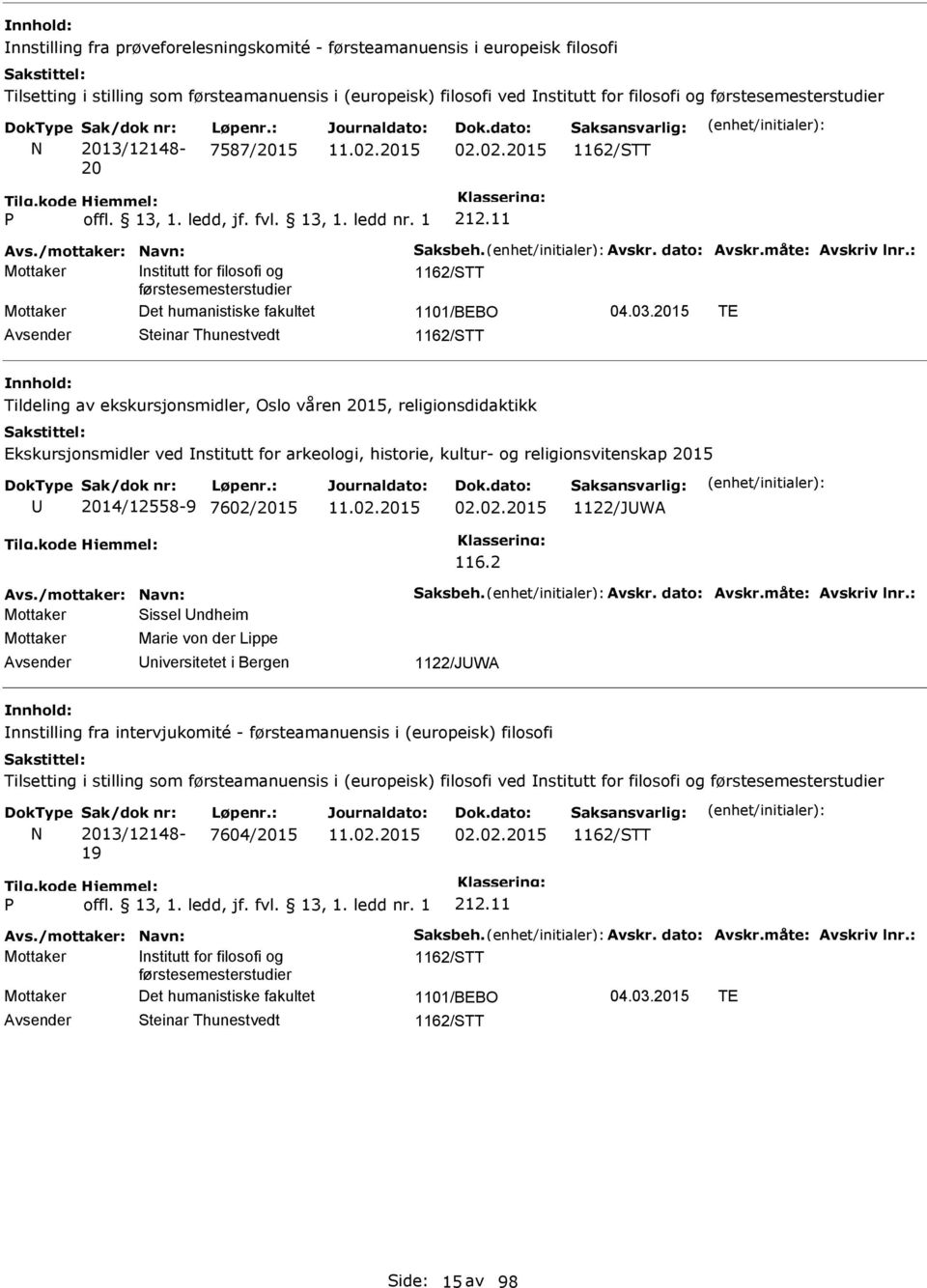 2015 TE Steinar Thunestvedt 1162/STT Tildeling av ekskursjonsmidler, Oslo våren 2015, religionsdidaktikk Ekskursjonsmidler ved nstitutt for arkeologi, historie, kultur- og religionsvitenskap 2015