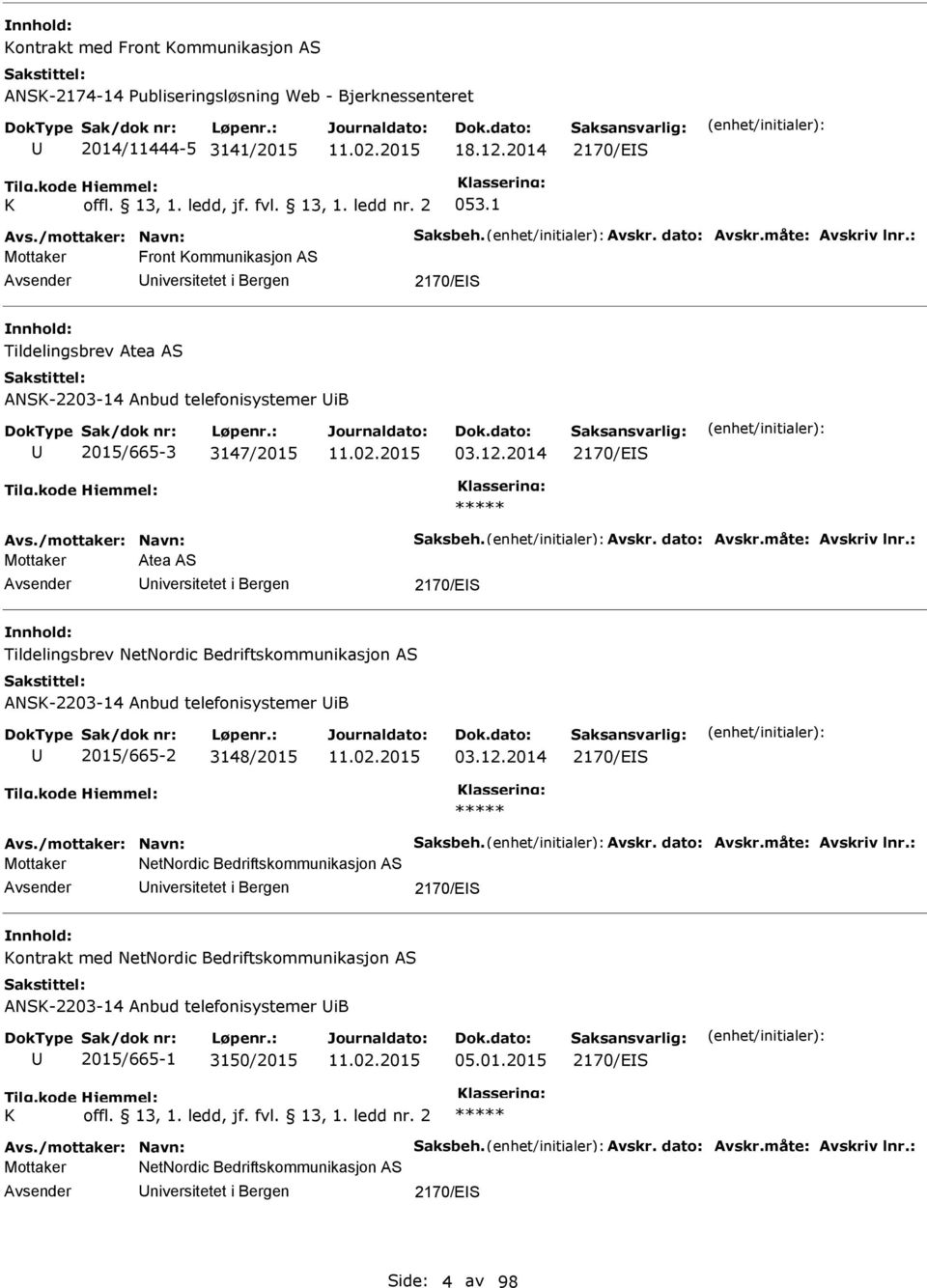 2014 2170/ES Mottaker Atea AS niversitetet i Bergen 2170/ES Tildelingsbrev etordic Bedriftskommunikasjon AS ASK-2203-14 Anbud telefonisystemer ib 2015/665-2 3148/2015 03.12.