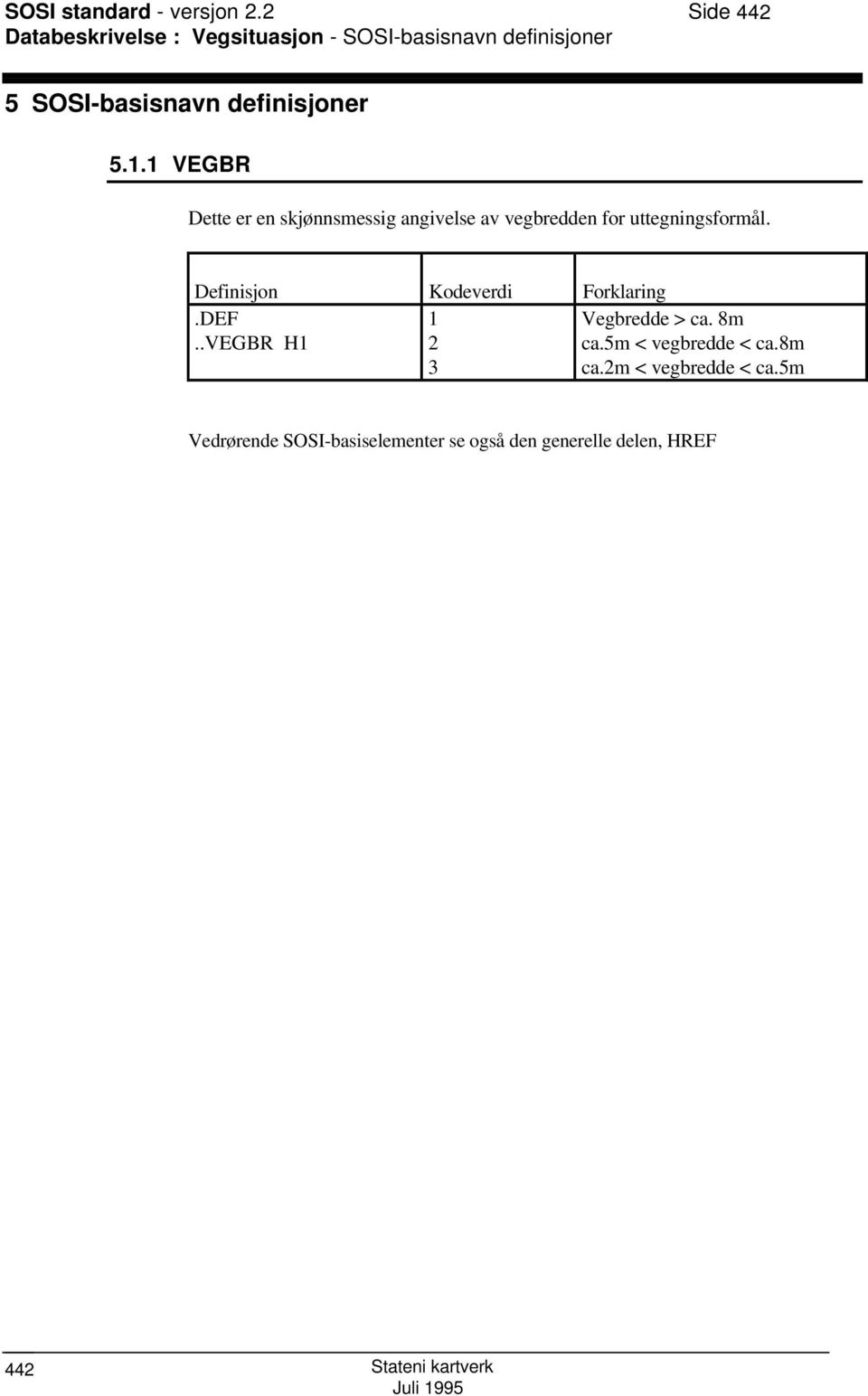 definisjoner 5.1.1 VEGBR Dette er en skjønnsmessig angivelse av vegbredden for uttegningsformål.