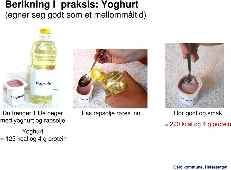rapsolje Yoghurt = 125 kcal og 4 g protein 1 ss