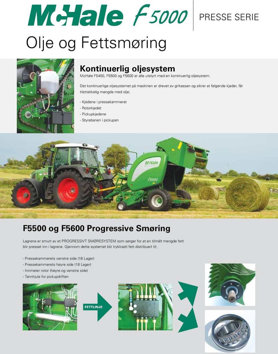 Pickupkjedene - Styrebanen i pickupen F5500 og F5600 Progressive Smøring Lagrene er smurt av et PROGRESSIVT SMØRESYSTEM som sørger for at en tilmålt mengde fett blir presset inn i