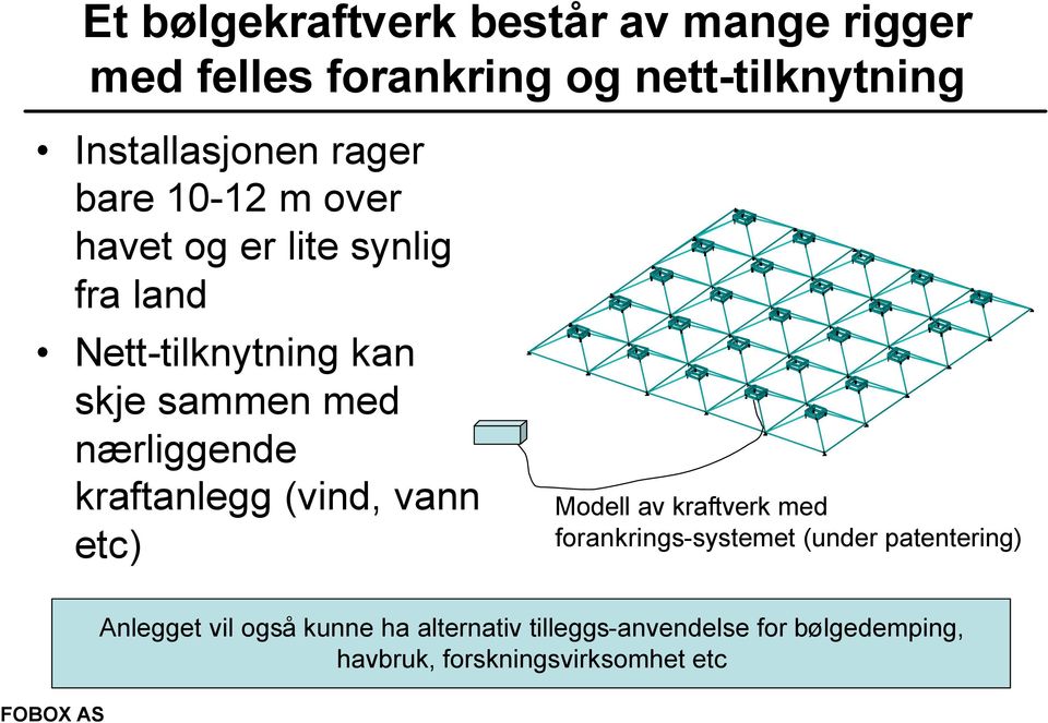 nærliggende kraftanlegg (vind, vann etc) Modell av kraftverk med forankrings-systemet (under