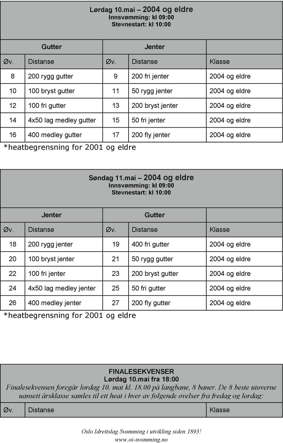 jenter 2004 og eldre 14 4x50 lag medley gutter 15 50 fri jenter 2004 og eldre 16 400 medley gutter 17 200 fly jenter 2004 og eldre Søndag 11.