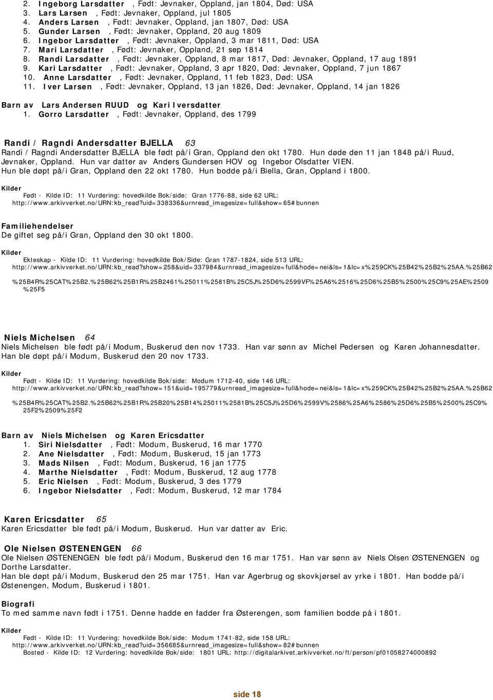 Jevnaker, Oppland, 20 aug 1809 Ingebor Larsdatter, Født: Jevnaker, Oppland, 3 mar 1811, Død: USA Mari Larsdatter, Født: Jevnaker, Oppland, 21 sep 1814 Randi Larsdatter, Født: Jevnaker, Oppland, 8 mar