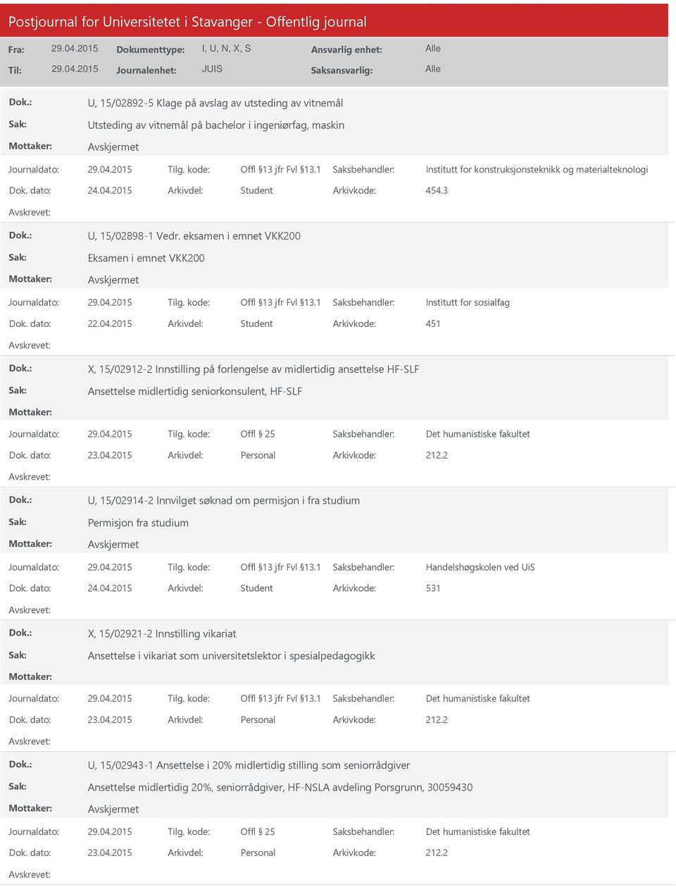 2015 Arkivdel: Student Arkivkode: 451 X, 15/02912-2 Innstilling på forlengelse av midlertidig ansettelse HF-SLF Ansettelse midlertidig seniorkonsulent, HF-SLF Dok. dato: 23.04.