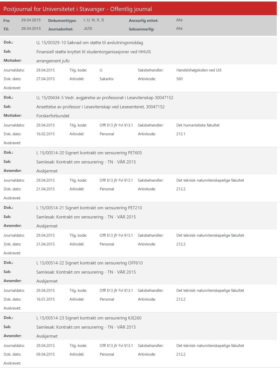 dato: 16.02.2015 Arkivdel: Personal Arkivkode: 212.1 I, 15/00514-20 Signert kontrakt om sensurering PET605 Samlesak: Kontrakt om sensurering - TN - VÅR 2015 Dok. dato: 21.04.